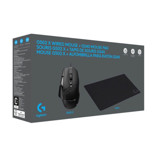 ⁦סט משטח ועכבר חוטי גיימינג - Logitech G502 X Black + G240 - צבע שחור⁩ – תמונה ⁦2⁩